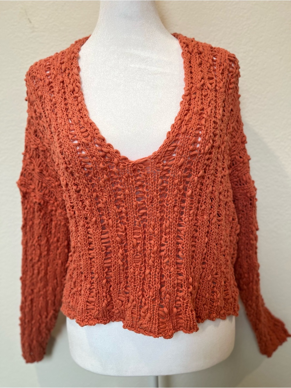 Free People Open-Knit V-Neck Oversized Cotton Sweater in Rust Orange